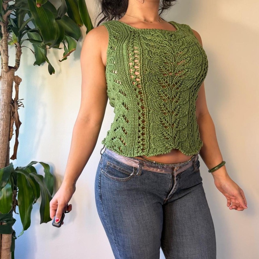 Handmade Crochet Green Sleeveless Blouse 90s Boho Square Neck Tank Top Large XL